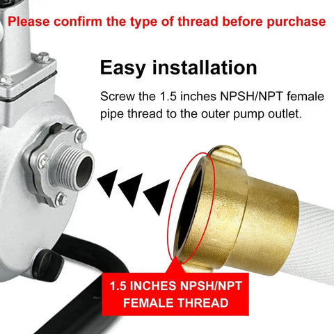 Close-up of brass NPSH/NPT female thread on One And A Half Inch Lay Flat Fire Hose Fifty Foot White Beefy Heavy Duty Industrial Water Hose