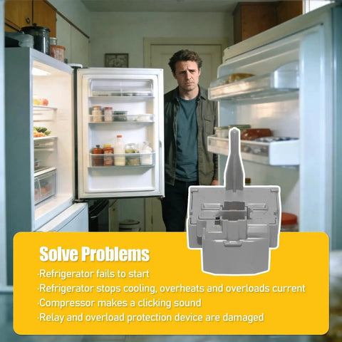 Open refrigerator with Easy Plug And Play Refrigerator Start Relay And Overload Protector Replacement shown; resolves common issues.