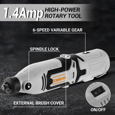 Side view of Do It All Rotary Tool Kit With 1.4 Amp Motor And 8000 To 35000 RPM Six Speed Control showing spindle lock and on/off switch.