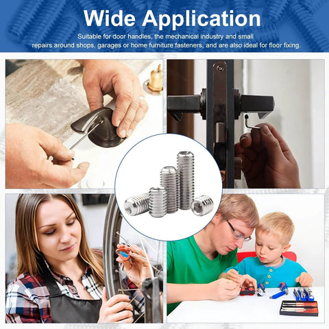 Collage showing multiple uses of M3 X 3mm Flat Cup Point Set Screws, 304 Stainless Steel, for towel racks, door knobs, and more.
