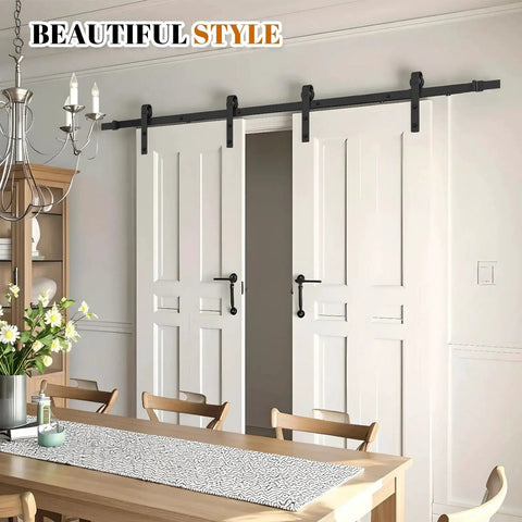 Heavy Duty 8 Ft Double Sliding Barn Door Hardware Kit In Black Carbon Steel With J-Shape Track For Two Doors installed