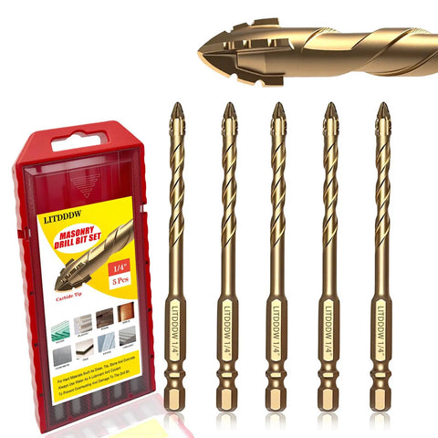 1/4 Inch Masonry Drill Bit Set 5 Pack With Carbide Tips, Serrated Four Blade Concrete Drill Bits for various surfaces