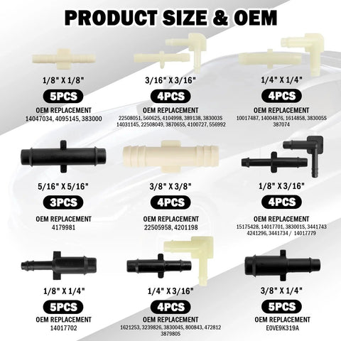 91 Pcs Car Vacuum Line Connectors Kit with 32 Sizes Displayed with OEM Replacement Numbers and Tubing Type