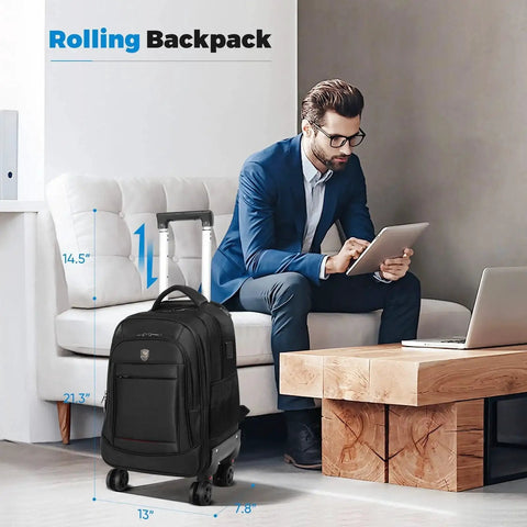 360 Degree Rotating Water Resistant Rolling Backpack For Adults beside a man in a business suit, showing size dimensions.