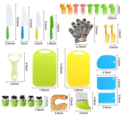 Kid Friendly Toddler Knife Set For Real Cooking With Kidz Safe Blades Protective Gloves Mini Cutting Board And Crinkle Cutters