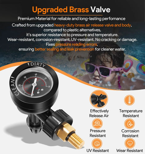 Brass air relief valve with pressure gauge for pool filters; black valve body, gold brass threaded connector, Amazon brand.