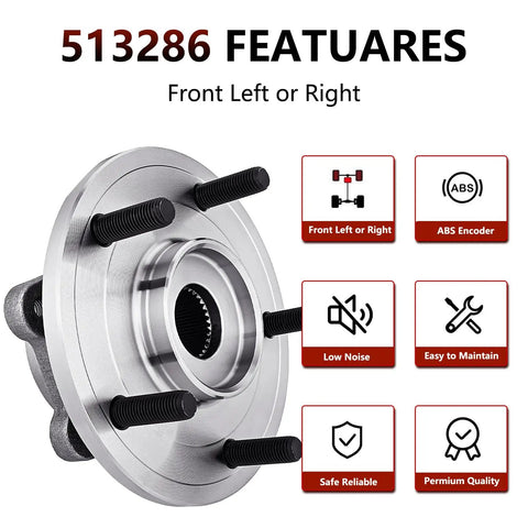 Silver front wheel hub bearing assembly 513286 for Dodge Journey 2009 through 2020 with 5 bolts and ABS encoder, front view.