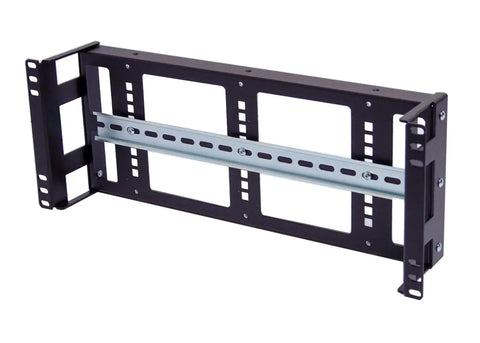 Front view of 4U Rackmount Low Profile DIN Rail Panel, 3.78 Inch Depth, Heavy Duty 14 Gauge Steel, fits standard 19 Inch 2 or 4 Post Racks