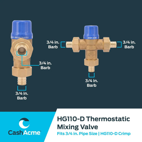 Front and side view of Thermostatic Mixing Valve Three Quarters Inch HG110 Crimp With Barb Connections And Integral Checks Brass Plumbing Fitting 24507 Cash Acme Delivers Water At 120 Degrees F Or Lower From All Outlets While Allowing Heater Setpoint At 140 Degrees F Or Higher.