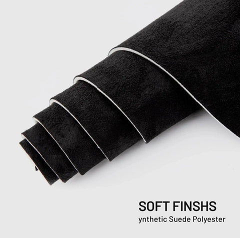 Close-up of black suede auto headliner fabric roll, 98 x 60, with foam backing for black interior, showcasing soft texture.