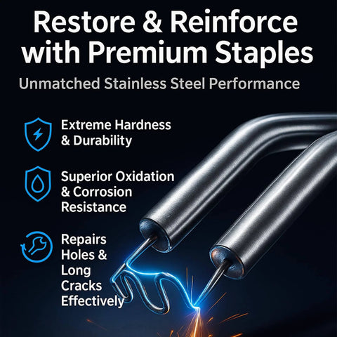 Close-up of dual size wave shape plastic welding staples set showing stainless steel performance for repairs