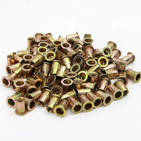 Pile of 1/4-20 UNC Rivet Nut Threaded Insert Nut Flat Head Knurled Carbon Steel 100 Pack