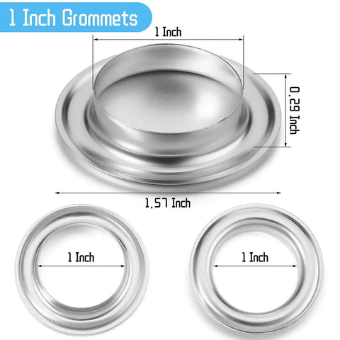Top view of metal 1 inch grommets and eyelets kit with washers, shown with dimensions, part of the 25 Sets 1 Inch Grommets And Eyelets Kit With Washers Self Backing For Leather Tarp Clothes Canvas Curtain Grommets With Holes Durable Heavy Duty Metal Fasteners.