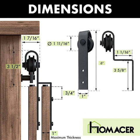 Dimensions of Mini Black Rustic Bypass Sliding Barn Door Hardware Kit For Two Doors, 36 Inch Flat Track Plus Bent Roller Pair