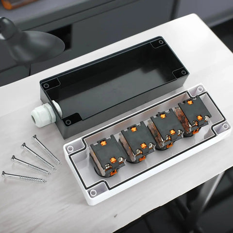 22mm Control Station Box Set with internal wiring for red and green momentary push buttons and switches, disassembled view