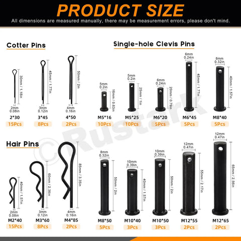 Assorted 100 Piece Pin Fastener Kit with Cotter Pins R Clips Clevis Pins Hair Pins and Hitch Pins in 16 Sizes M2 through M12 Zinc Plated Black Finish Ideal for Automotive and Mechanical Projects. Size chart for cotter pins, clevis pins, and hair pins.
