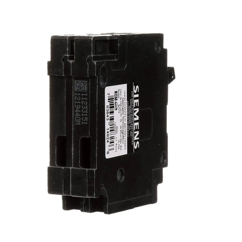 Q1515 15 Amp Duplex Circuit Breaker Black QT Type Plug-In, side view, with label visible, for Load Centers, Non-CTL Canadian NC.