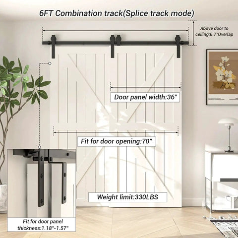 Six Foot Bypass Sliding Barn Door Hardware Kit for Double Wooden Doors with Single Track in Combination Track Mode, 70 Inch Opening