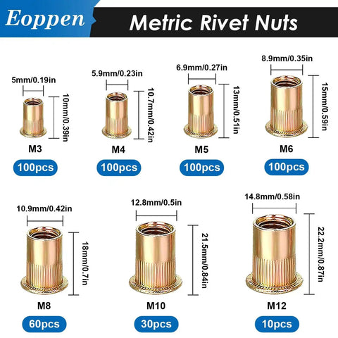 Rivet Nuts Set 1000Pcs SAE And Metric Nutserts With 14 Sizes Including M3 to M12 zinc plated carbon steel for metal repairs
