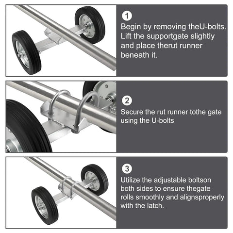 Installation steps for 6 Inch Adjustable Sliding Gate Wheel Tensioner Set With Mounting Bracket And U Bolts For Smooth Operation Of Metal Tube And Driveway Gates Heavy Duty Rubber Wheels For Quiet Durable Gate Performance.