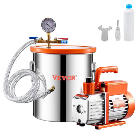 Five Gallon Pro-Grade Vacuum Chamber Kit With 3.5 CFM Pump For Resin Degassing, Stainless Steel Chamber, Acrylic Lid, Oil, 4.92 Ft Hose, Single Stage Vacuum System For Epoxy And Silicone Casting VEVOR