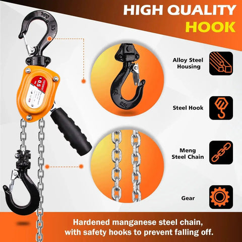 0.5 Ton Mini Lever Block Chain Hoist With G80 Chain And Hook 6M Lift shown with high-quality steel hook and housing.