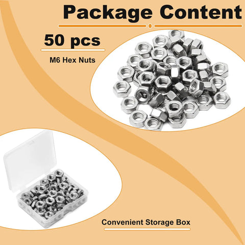 50 Pack M6 Hex Nuts Stainless Steel 304 With Hex Drive Metric M6x1 Threads DIN934 Right Hand Replacement Fasteners in box