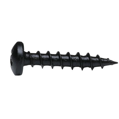 Side view of 100 Pack Size 6 Coarse Deep Thread Pan Head Wood Screws With Black Phosphate Finish For Wood And MDF, Phillips Drive Size 2