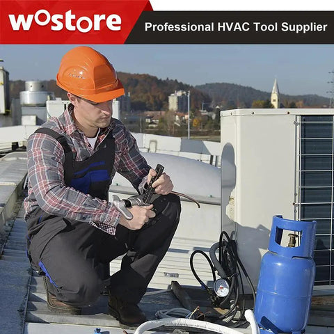 Technician using 7 Die Set Eccentric Flaring Tool With 45 Degree Tube Cutter For HVAC on rooftop unit