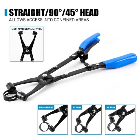 Three Piece Hose Clamp Pliers Set With Locking Assist Featuring 45 Degree 90 Degree And Straight Heads Rotatable Clamp Jaw Professional Hose Clamp Tool For 1.1 To 2.3 Inch Hose Clamps Designed For One Person Installation And Removal with blue handles.