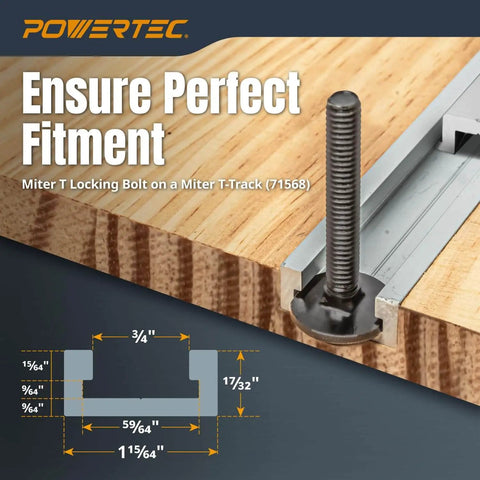 Close-up of 48-Inch Miter T Track With T Bar For Table Saw, Router Table, and Bandsaw showing fitment details and measurements.