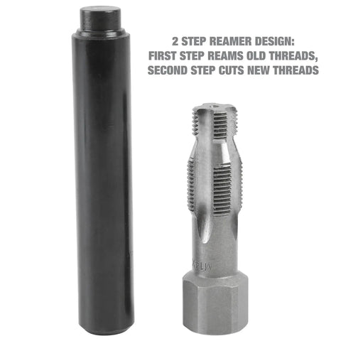 Workhorse Spark Plug Thread Repair Kit With 3 Inserts, 1 Reamer, And Swaging Tool, showing reamer with 2-step design for threads.