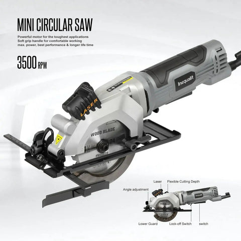 Powerful Corded Four Amp Circular Saw With Laser Guide And Bevel Cuts, 3500 RPM, Four And A Half Inch 24T TCT Blades shown side view