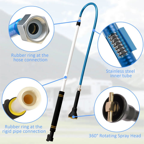 RV black tank cleaning wand with blue hose and white shaft; 304 stainless steel inner tube and 360° rotating spray head.