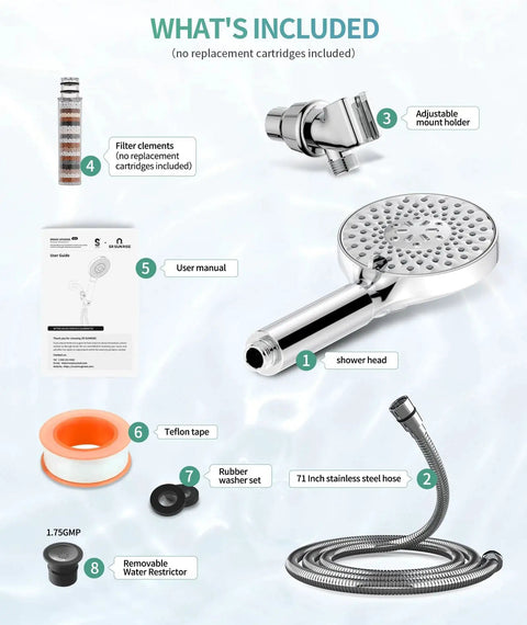 Filtered Shower Head With Handheld High Pressure 9 Spray Modes Softener Beads, showing components, including 71in hose and teflon tape.