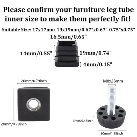 Diagram showing dimensions of 8Pcs Adjustable Leveling Feet Square Insert Kit for Cabinets Sofas Tables and Chairs Black 20x20mm Inserts 30x11mm Base Levelers.