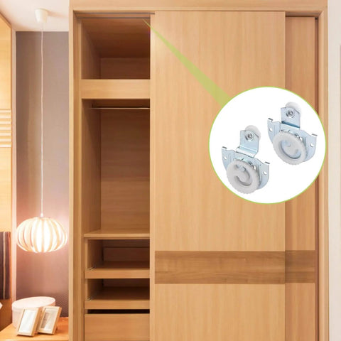 Wooden wardrobe with Bypass Sliding Door Roller Kit With 4 Pcs Adjustable Closet Door Wheels Casters For Smooth Wardrobe Sliding Replacement Top Roller Durable Aluminum Track Hardware With Quiet Glide And No Fuss Install shown in focus.