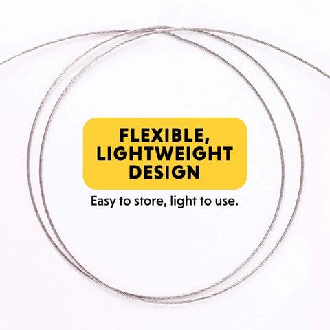 Close-up of serrated PVC pipe cable saw wire, highlighting flexible and lightweight design with text overlay.