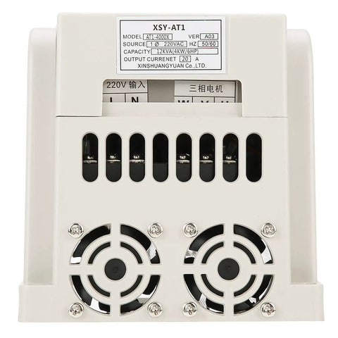Rear view of AT1 4000X 4kW Variable Frequency Drive for 220V Single Phase to Three Phase Motors with fan cooling.