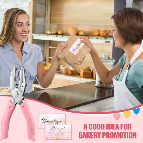 Heart Shaped Handheld Punch Card Kit With 100 Reward Cards used for bakery promotion.