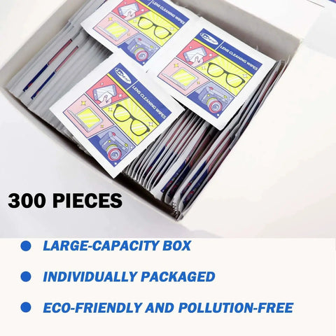 Box of Lens Cleaning Wipes For Glasses And Screens, 300 Count, Safe For Coatings, showing individually wrapped wipes