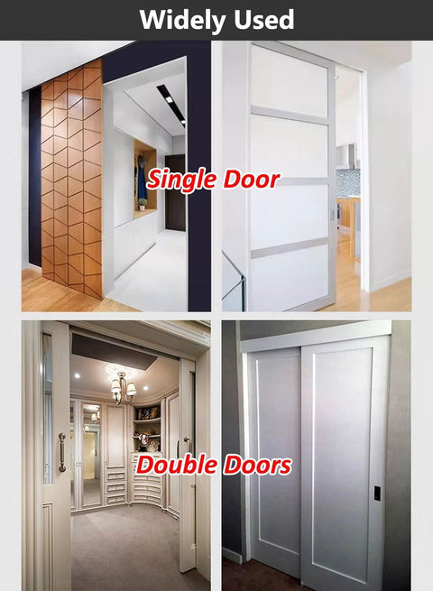 Beefy Heavy Duty Aluminum Sliding Door Track Kit for Two Door Systems installed on interior wooden doors, silver finish.