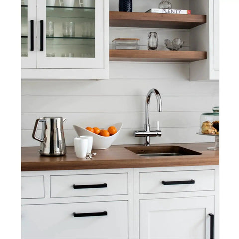 Modern kitchen with 6 Pack Matte Black Stainless Steel Kitchen Cabinet Door Handles on white cabinets and wood countertop