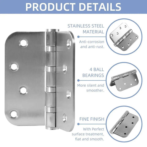 Heavy Duty Stainless Steel Door Hinges Set 6 Pack, 4 By 4 Inch Brushed Nickel Ball Bearing Hinges With Non-Removable Pin details