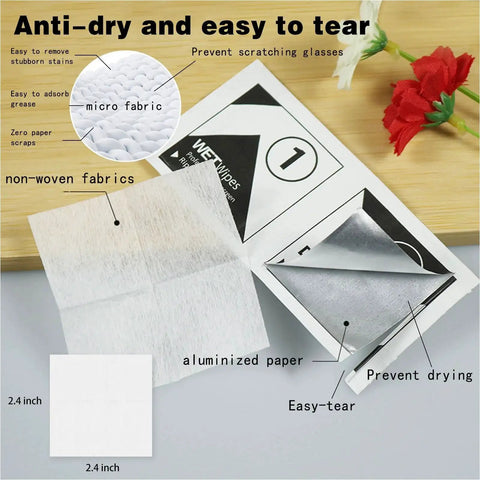 Streak Free Eyeglass Lens Wipes with 6 Microfiber Cloths, Individually Wrapped, showcasing anti-dry features and different fabric types.