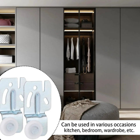Image of Eight-Piece Sliding Closet Door Roller Hardware Kit With Top Hung Bypass Upper Mount Track Wheels in front of wardrobe.