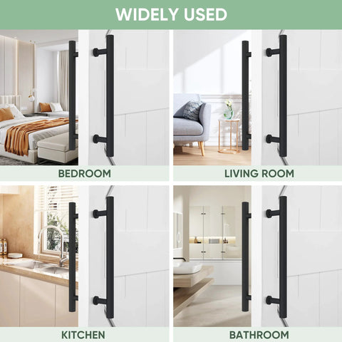 Matte Black Stainless Steel Barn Door Handles 16 Inch Heavy Duty Door Pull Set for Sliding Barn Doors and Pocket Doors shown in use