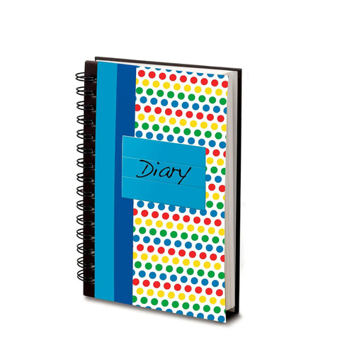 Colorful diary with a spiral binding and polka dot cover pattern, featuring a blue label with "Diary" written in black.