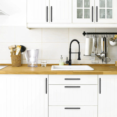 Modern kitchen with 10 Pack Matte Black Square Cabinet Pulls Stainless Steel Kitchen Cupboard And Dresser Handles installed on white cabinets.