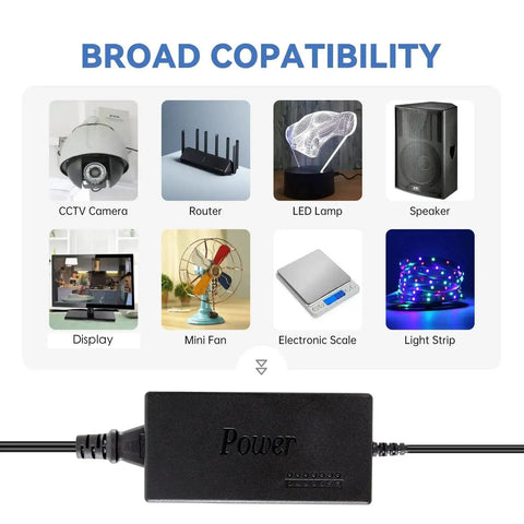 Universal DC Power Adapter With 8 Tips, Switchable 12V-19V/4.5A and 20V-24V/4A Output, 100-240V AC In, shown with compatible devices